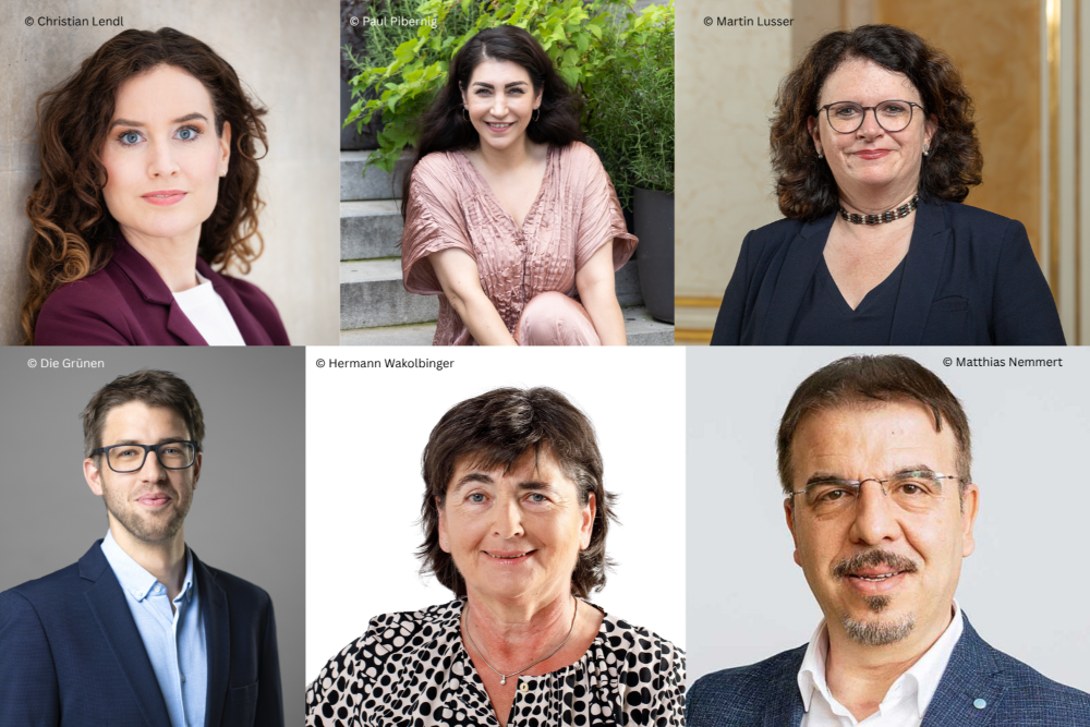 Porträts der Mitwirkenden der Tagung Fokus: Schule, in zwei Reihen oben von links nach rechts Judith Kohlenberger, Ikay Idiskut, Doris Wagner, unten von links nach rechts Felix Stadler, Andrea Berger-Gruber und Zekirija Sejdini 